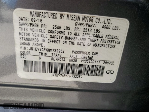 2017 Infiniti Q50 Premium z VIN JN1EV7APXHM732252, wystawiony jako Copart lot #50937795 z przebiegiem 109 219 mil mil oraz Szkody całkowita. Historia ofert i sprzedaży dostępna na DreamBid. Obrazek 12.