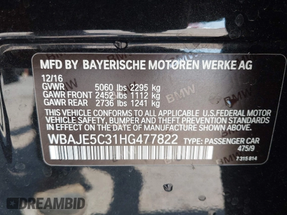 2017 BMW 5 Series 540i with VIN WBAJE5C31HG477822, listed as a IAAI auction lot 42174024 with 88,846 mi miles and . Bid and sale history available at carsss.com. Image 9.