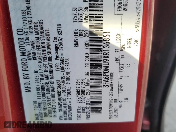 2019 Ford Fusion Hybrid SEL with VIN 3FA6P0MU9KR136851, listed as a Copart auction lot 51752575 with 104,637 mi miles and Salvage Title. Bid and sale history available at carsss.com. Image 12.