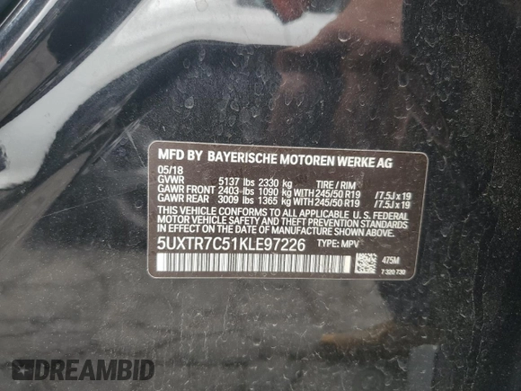 2019 BMW X3 sDrive30i with VIN 5UXTR7C51KLE97226, listed as a Copart auction lot 54701255 with 114,571 mi miles and Clean Title. Bid and sale history available at DreamBid. Image 13.
