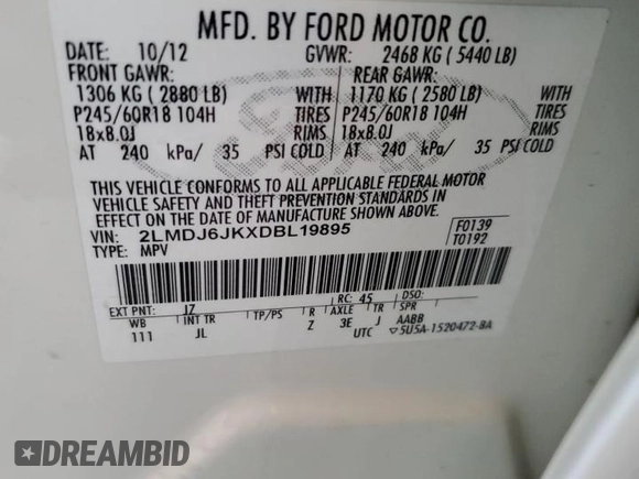 2013 Lincoln MKX z VIN 2LMDJ6JKXDBL19895, wystawiony jako Copart lot #51623655 z przebiegiem 245 542 mil mil oraz Szkoda całkowita • Salvage title. Historia ofert i sprzedaży dostępna na DreamBid. Obrazek 12.