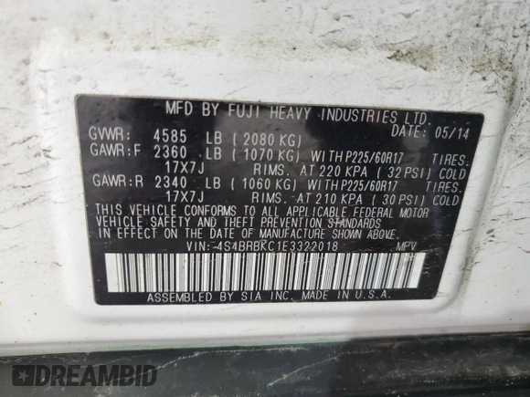 2014 Subaru Outback 2.5i Limited with VIN 4S4BRBKC1E3322018, listed as a Copart auction lot 53619914 with 166,597 mi miles and Salvage Title. Bid and sale history available at carsss.com. Image 12.