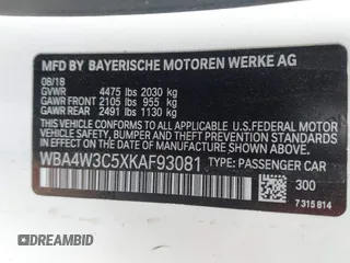 2019 BMW 4 Series 430i with VIN WBA4W3C5XKAF93081, listed as a IAAI auction lot 41689477 with 87,936 mi miles and . Bid and sale history available at DreamBid. Image 9.