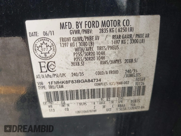 2011 Ford Explorer Limited с VIN 1FMHK8F83BGA84734, выставлен на аукционе IAAI как лот 42670118 с пробегом 190 662 миль миль и . История ставок и продаж доступна на DreamBid. Изображение 9.