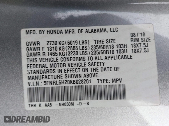 2019 Honda Odyssey LX with VIN 5FNRL6H20KB028201, listed as a IAAI auction lot 41787562 with 56,469 mi miles and . Bid and sale history available at DreamBid. Image 9.