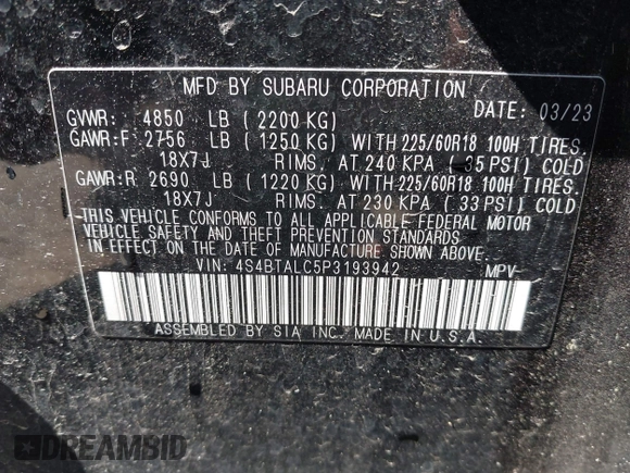 2023 Subaru Outback Onyx with VIN 4S4BTALC5P3193942, listed as a IAAI auction lot 42377732 with 19,974 mi miles and . Bid and sale history available at DreamBid. Image 9.