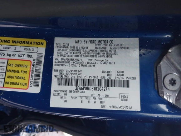 2018 Ford Fusion SE with VIN 3FA6P0HD8JR204274, listed as a IAAI auction lot 41194622 with 71,556 mi miles. Bid and sale history available at carsss.com. Image 9.