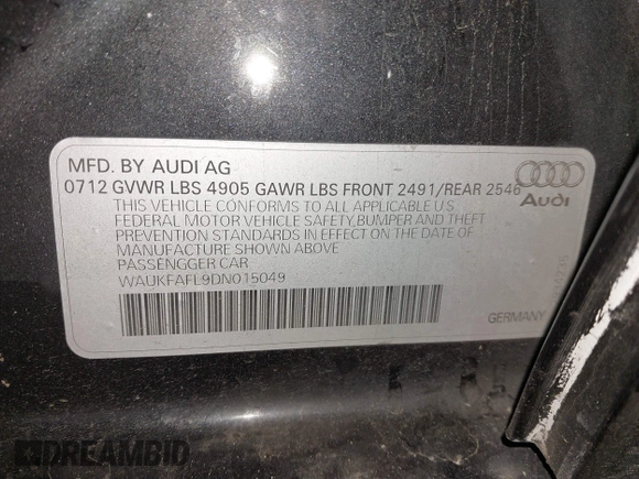 2013 Audi A4 2.0T Prestige with VIN WAUKFAFL9DN015049, listed as a IAAI auction lot 40975645 with 104,407 mi miles. Bid and sale history available at carsss.com. Image 9.
