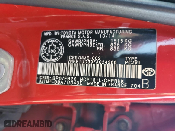 2015 Toyota Yaris L z VIN VNKKTUD39FA024366, wystawiony jako Copart lot #48335605 z przebiegiem 149 912 mil mil oraz Szkoda całkowita • Salvage title. Historia ofert i sprzedaży dostępna na DreamBid. Obrazek 13.