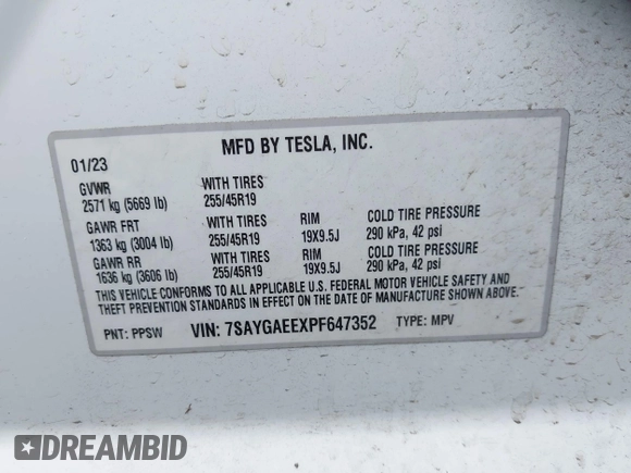 2023 Tesla Model Y Long Range z VIN 7SAYGAEEXPF647352, wystawiony jako IAAI lot #41955933 z przebiegiem Nie podano mil oraz . Historia ofert i sprzedaży dostępna na DreamBid. Obrazek 9.