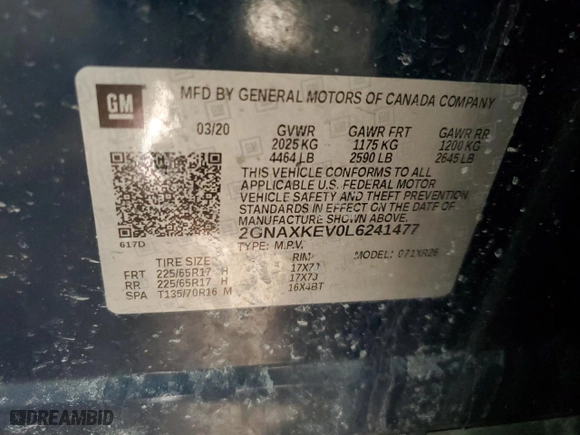 2020 Chevrolet Equinox LT with VIN 2GNAXKEV0L6241477, listed as a Copart auction lot 47590645 with 90,242 mi miles and Salvage Title. Bid and sale history available at carsss.com. Image 13.