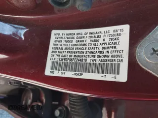 2015 Honda Civic Sedan LX with VIN 19XFB2F56FE244819, listed as a IAAI auction lot 41744828 with 128,500 mi miles. Bid and sale history available at carsss.com. Image 9.