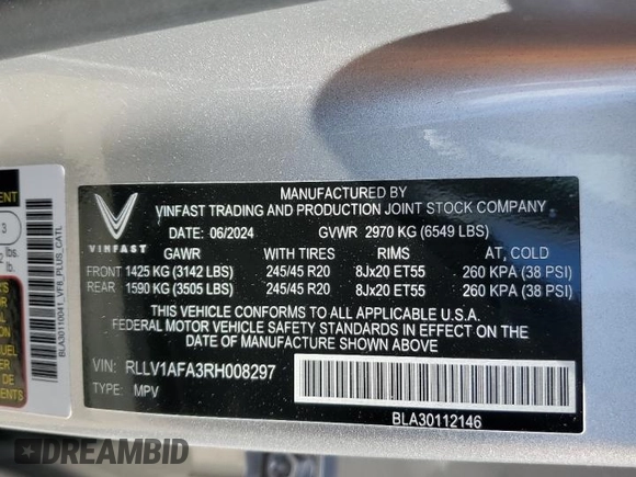 2024 VinFast VF 8 Plus z VIN RLLV1AFA3RH008297, wystawiony jako Copart lot #50979855 z przebiegiem 931 mil mil oraz Szkoda całkowita • Salvage title. Historia ofert i sprzedaży dostępna na DreamBid. Obrazek 16.