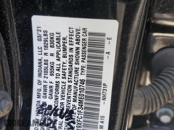 2021 Honda Civic Sedan EX with VIN 19XFC1F34ME010746, listed as a Copart auction lot 56270144 with 52,119 mi miles and Salvage Title. Bid and sale history available at carsss.com. Image 12.