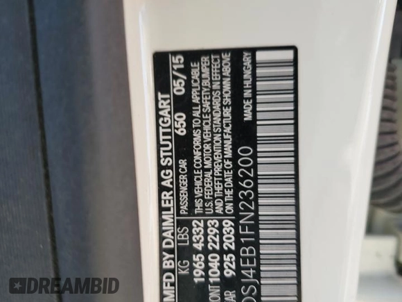 2015 Mercedes-Benz CLA 250 with VIN WDDSJ4EB1FN236200, listed as a Copart auction lot 43559595 with Not Provided miles and Salvage Title. Bid and sale history available at DreamBid. Image 13.