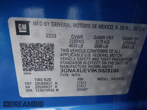 2019 Chevrolet Equinox LT with VIN 3GNAXUEV9KS628184, listed as a IAAI auction lot 41821068 with 30,196 mi miles. Bid and sale history available at carsss.com. Image 9.