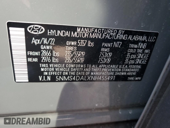 2022 Hyundai Santa Fe Limited with VIN 5NMS4DALXNH455491, listed as a Copart auction lot 47352185 with 36,467 mi miles and Salvage Title. Bid and sale history available at carsss.com. Image 14.