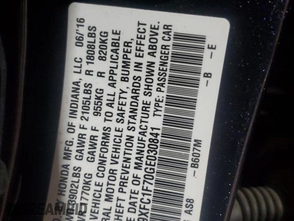2016 Honda Civic EX-L z VIN 19XFC1F70GE030841, wystawiony jako Copart lot #54308115 z przebiegiem 47 239 mil mil oraz Szkoda całkowita • Salvage title. Historia ofert i sprzedaży dostępna na DreamBid. Obrazek 13.