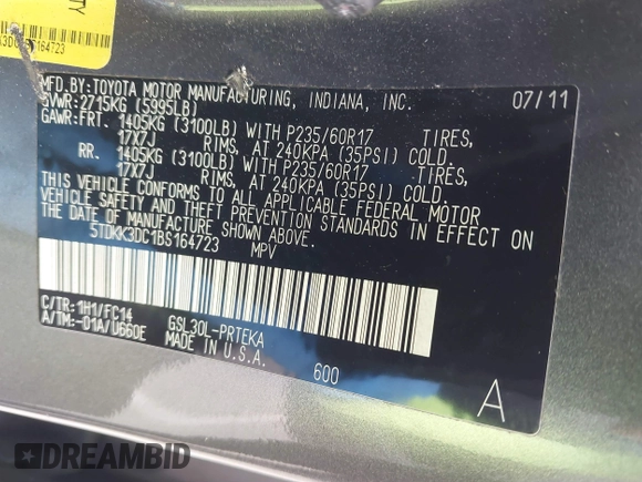 2011 Toyota Sienna LE AAS with VIN 5TDKK3DC1BS164723, listed as a IAAI auction lot 42145480 with 220,349 mi miles. Bid and sale history available at carsss.com. Image 9.