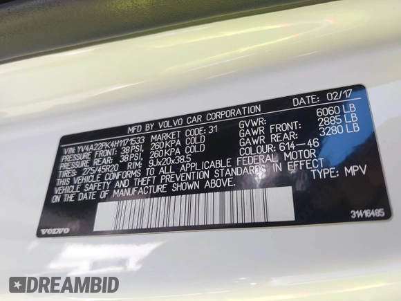 2017 Volvo XC90 Momentum with VIN YV4A22PK4H1171533, listed as a IAAI auction lot 41876321 with 136,906 mi miles. Bid and sale history available at carsss.com. Image 9.