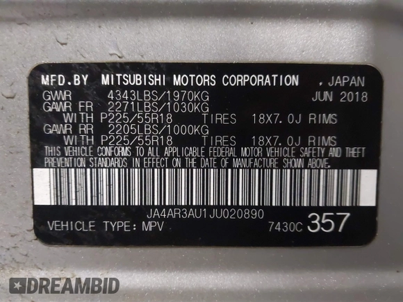 2018 Mitsubishi Outlander Sport ES 2.0 with VIN JA4AR3AU1JU020890, listed as a IAAI auction lot 41397609 with 90,962 mi miles. Bid and sale history available at carsss.com. Image 9.