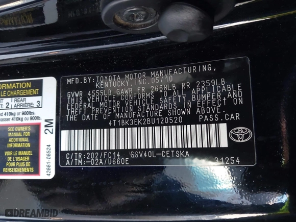 2011 Toyota Camry LE with VIN 4T1BK3EK2BU120520, listed as a IAAI auction lot 41399383 with 110,874 mi miles. Bid and sale history available at carsss.com. Image 9.