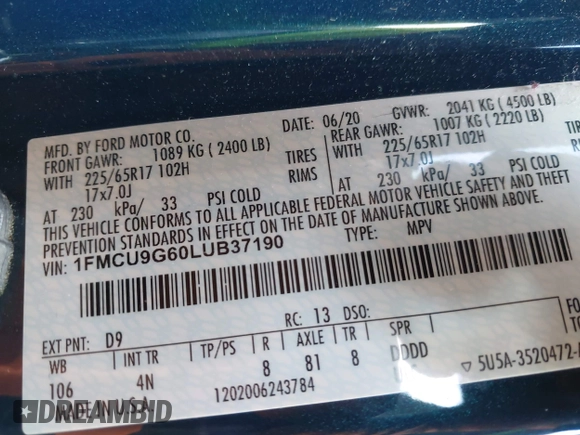2020 Ford Escape SE with VIN 1FMCU9G60LUB37190, listed as a IAAI auction lot 41641727 with 24,845 mi miles. Bid and sale history available at carsss.com. Image 9.