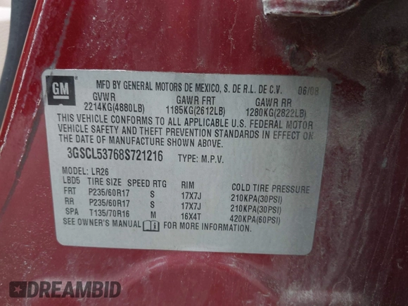 2008 Saturn VUE XR z VIN 3GSCL53768S721216, wystawiony jako IAAI lot #42356461 z przebiegiem 109 405 mil mil oraz . Historia ofert i sprzedaży dostępna na DreamBid. Obrazek 9.