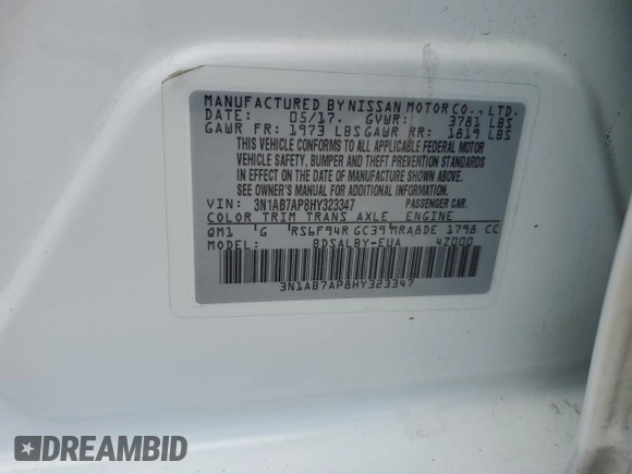2017 Nissan Sentra S with VIN 3N1AB7AP8HY323347, listed as a Copart auction lot 65266235 with Not provided miles and Salvage title. Bid and sale history available at DreamBid. Image 12.