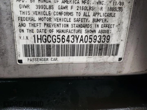 2000 Honda Accord LX z VIN 1HGCG5643YA059339, wystawiony jako Copart lot #42153695 z przebiegiem 169 380 mil mil oraz Szkoda całkowita • Salvage title. Historia ofert i sprzedaży dostępna na DreamBid. Obrazek 12.
