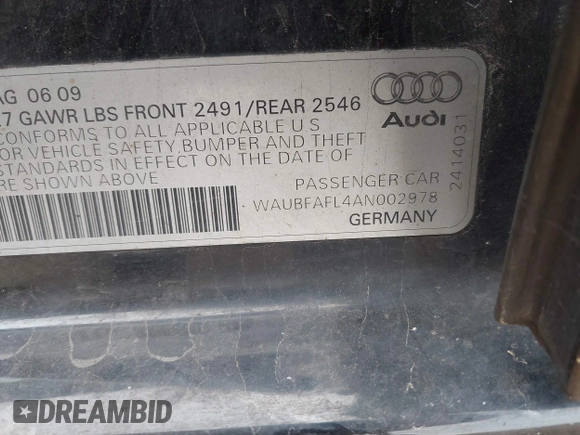 2010 Audi A4 2.0T Premium with VIN WAUBFAFL4AN002978, listed as a IAAI auction lot 41885206 with 192,200 mi miles. Bid and sale history available at carsss.com. Image 9.