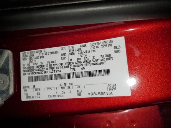 2017 Ford Escape SE with VIN 1FMCU9GD1HUC77223, listed as a Copart auction lot 89197455 with 80,566 mi miles and Non Repairable. Bid and sale history available at DreamBid. Image 14.