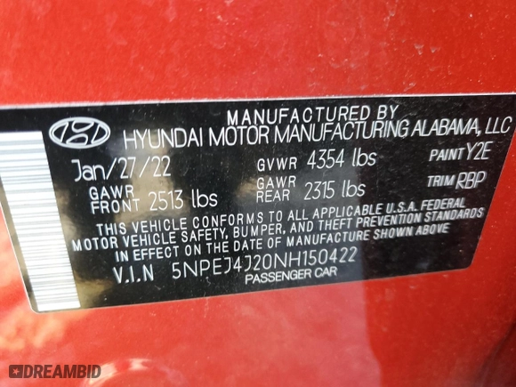 2022 Hyundai Sonata SEL Plus with VIN 5NPEJ4J20NH150422, listed as a Copart auction lot 87952025 with 57,602 mi miles and Salvage Title. Bid and sale history available at carsss.com. Image 12.