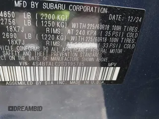 2025 Subaru Outback Onyx z VIN 4S4BTALC2S3195785, wystawiony jako IAAI lot #42202055 z przebiegiem 2 059 mil mil oraz . Historia ofert i sprzedaży dostępna na DreamBid. Obrazek 9.