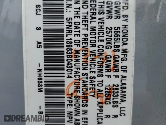 2003 Honda Odyssey EX-L z VIN 5FNRL18983B043014, wystawiony jako Copart lot #52568405 z przebiegiem 194 266 mil mil oraz Czysty tytuł • Clean title. Historia ofert i sprzedaży dostępna na DreamBid. Obrazek 13.