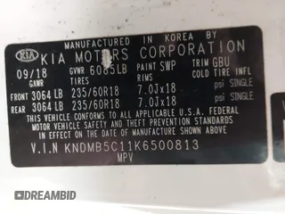 2019 Kia Sedona LX with VIN KNDMB5C11K6500813, listed as a IAAI auction lot 41570570 with 104,480 mi miles. Bid and sale history available at carsss.com. Image 9.