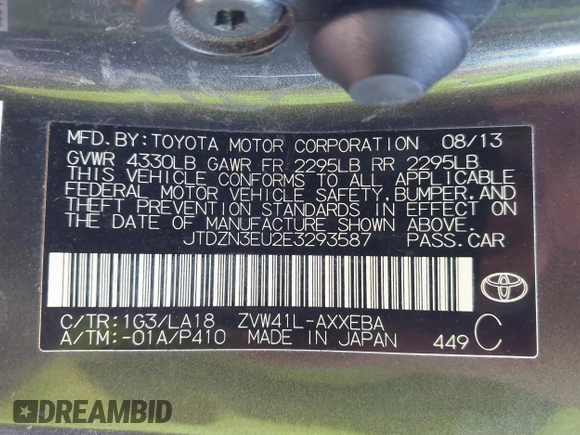 2014 Toyota Prius Two with VIN JTDZN3EU2E3293587, listed as a IAAI auction lot 41862022 with 256,858 mi miles and . Bid and sale history available at DreamBid. Image 9.