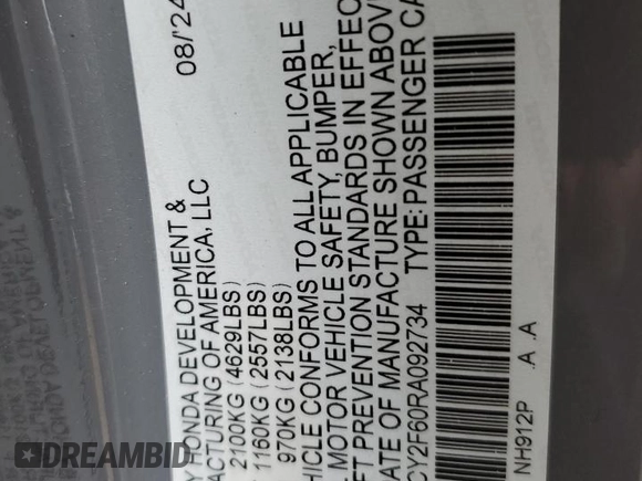 2024 Honda Accord EX-L с VIN 1HGCY2F60RA092734, выставлен на аукционе Copart как лот 54355675 с пробегом 8 178 миль миль и Списание • Salvage title. История ставок и продаж доступна на DreamBid. Изображение 12.