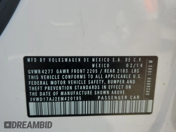 2014 Volkswagen Jetta SE с VIN 3VWD17AJ2EM420195, выставлен на аукционе Copart как лот 62750875 с пробегом 154 195 миль миль и Списание • Salvage title. История ставок и продаж доступна на DreamBid. Изображение 12.