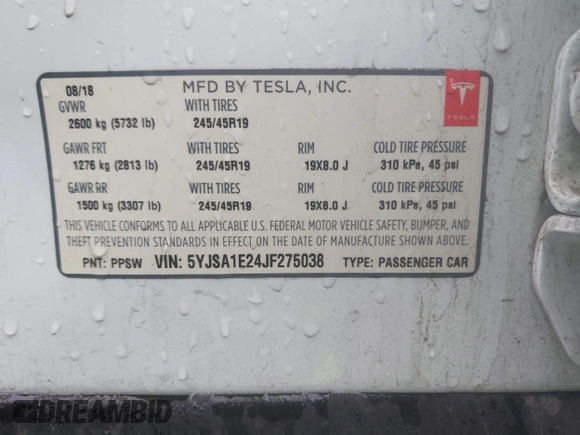 2018 Tesla Model S 75D with VIN 5YJSA1E24JF275038, listed as a IAAI auction lot 41916984 with 116,352 mi miles and . Bid and sale history available at DreamBid. Image 9.