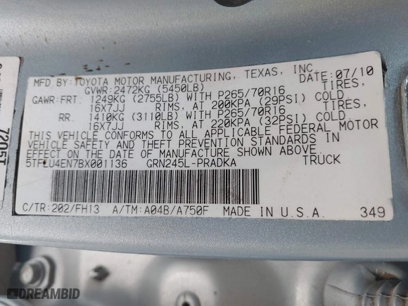 2011 Toyota Tacoma with VIN 5TFLU4EN7BX001136, listed as a IAAI auction lot 41681465 with 179,005 mi miles. Bid and sale history available at carsss.com. Image 9.