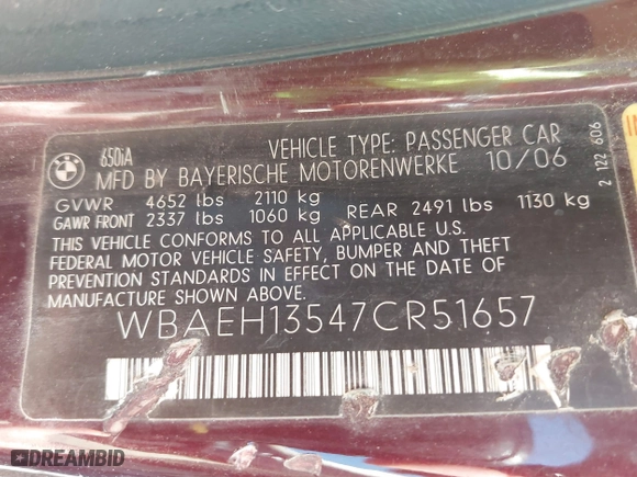 2007 BMW 6 Series 650i with VIN WBAEH13547CR51657, listed as a IAAI auction lot 41627772 with 139,147 mi miles. Bid and sale history available at carsss.com. Image 9.