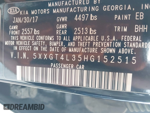 2017 Kia Optima LX z VIN 5XXGT4L35HG152515, wystawiony jako IAAI lot #42366917 z przebiegiem 102 256 mil mil oraz . Historia ofert i sprzedaży dostępna na DreamBid. Obrazek 9.