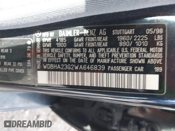 1998 Mercedes-Benz C 230/260/280/320 with VIN WDBHA23G2WA646839, listed as a IAAI auction lot 41983171 with 176,887 mi miles and . Bid and sale history available at carsss.com. Image 9.