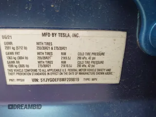 2021 Tesla Model Y Performance z VIN 5YJYGDEF8MF209819, wystawiony jako IAAI lot #41757009 z przebiegiem 37 685 mil mil oraz . Historia ofert i sprzedaży dostępna na DreamBid. Obrazek 9.