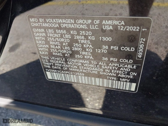 2023 Volkswagen Atlas Cross Sport 3.6L V6 SE w/Technology with VIN 1V2WE2CA0PC212559, listed as a IAAI auction lot 39032017 with 24,315 mi miles. Bid and sale history available at carsss.com. Image 9.