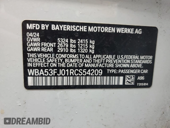 2024 BMW 5 Series 530i xDrive with VIN WBA53FJ01RCS54209, listed as a Copart auction lot 45483045 with 17,978 mi miles and Clean Title. Bid and sale history available at carsss.com. Image 12.