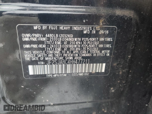2017 Subaru Forester with VIN JF2SJABC4HH477211, listed as a Copart auction lot 87747625 with Not provided miles and Salvage title. Bid and sale history available at DreamBid. Image 13.