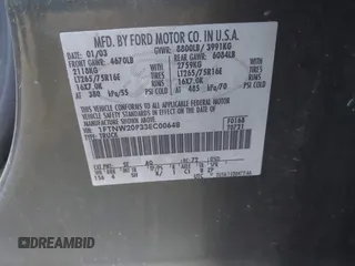 2003 Ford F-250 XL с VIN 1FTNW20P33EC00648, выставлен на аукционе IAAI как лот 41606120 с пробегом 261 318 миль миль и . История ставок и продаж доступна на DreamBid. Изображение 9.