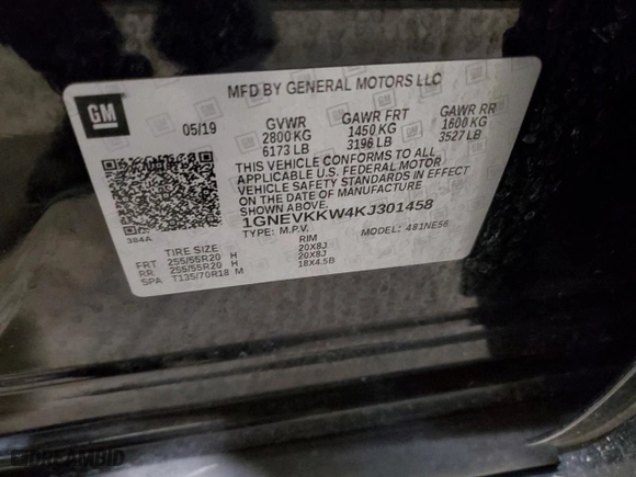2019 Chevrolet Traverse Premier with VIN 1GNEVKKW4KJ301458, listed as a Copart auction lot 88763695 with 65,493 mi miles and Salvage Title. Bid and sale history available at carsss.com. Image 13.